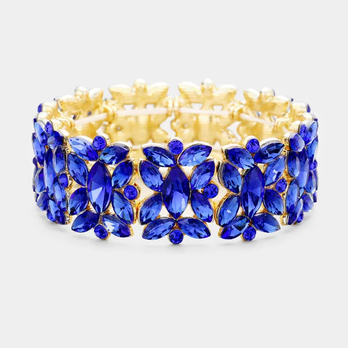 Sapphire Crystal Floral Pageant Stretch Bracelet on Gold | Prom Bracelet | 389472