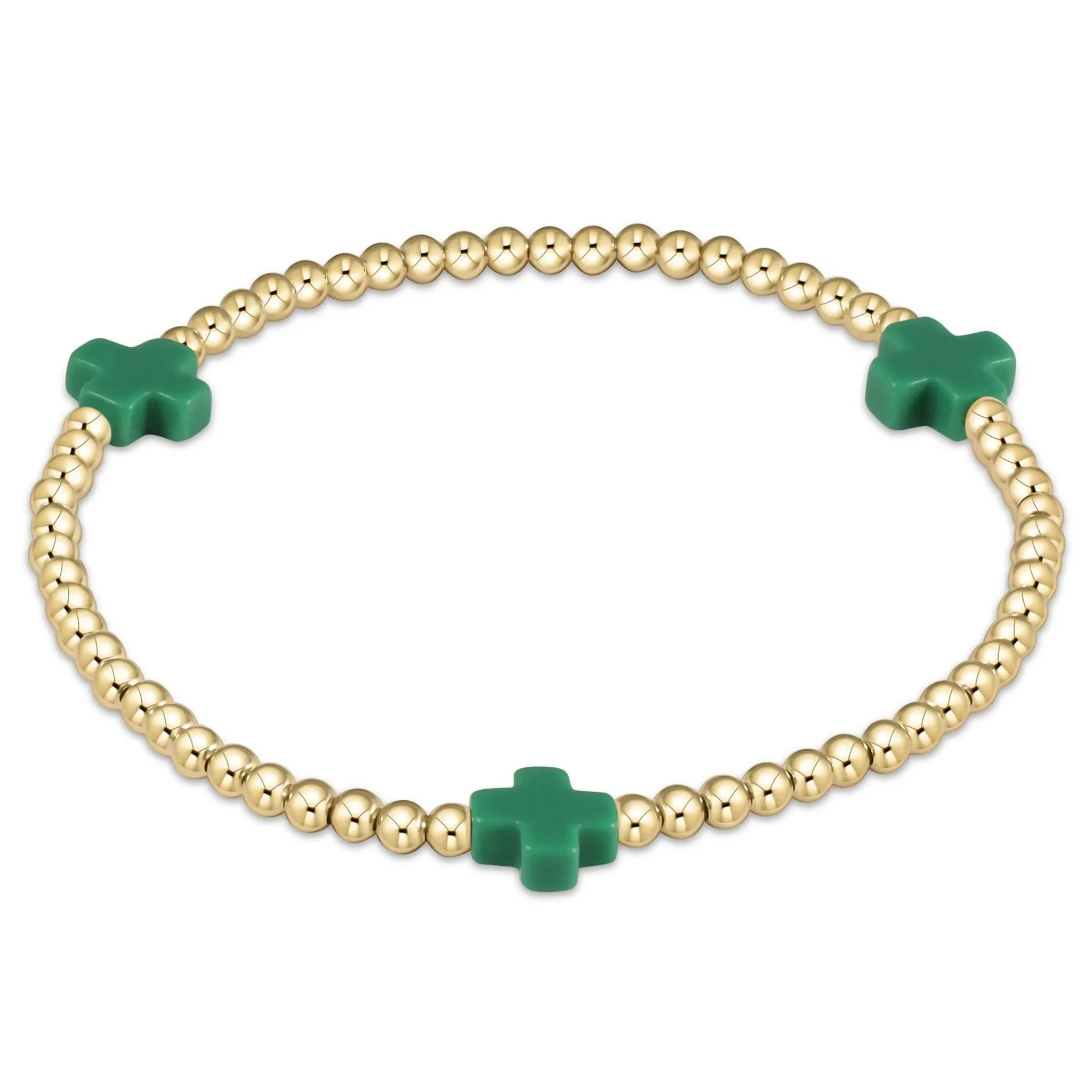 Signature Cross Gold Pattern 3MM Bead Bracelet in Emerald