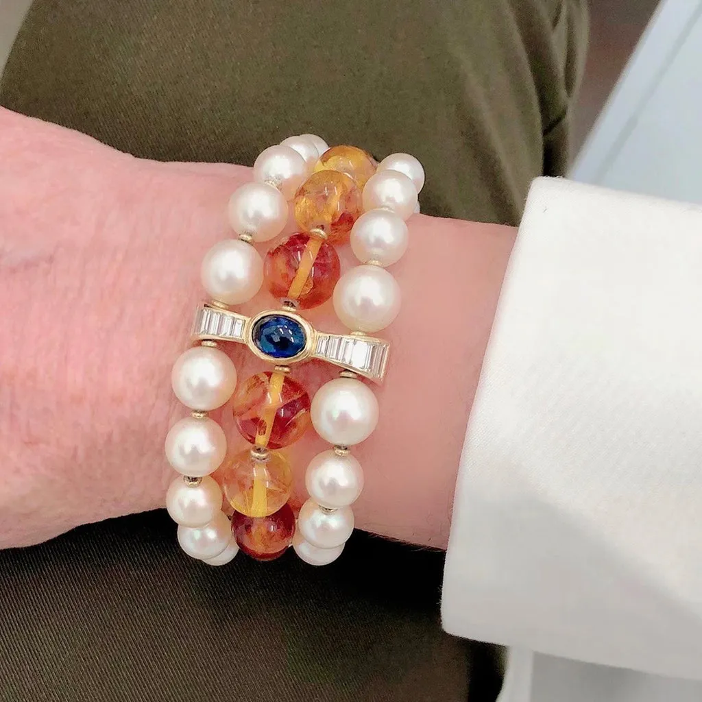 Signed Boucheron Akoya Pearl, Amber, Sapphire and Diamond Bracelet in 18k Gold