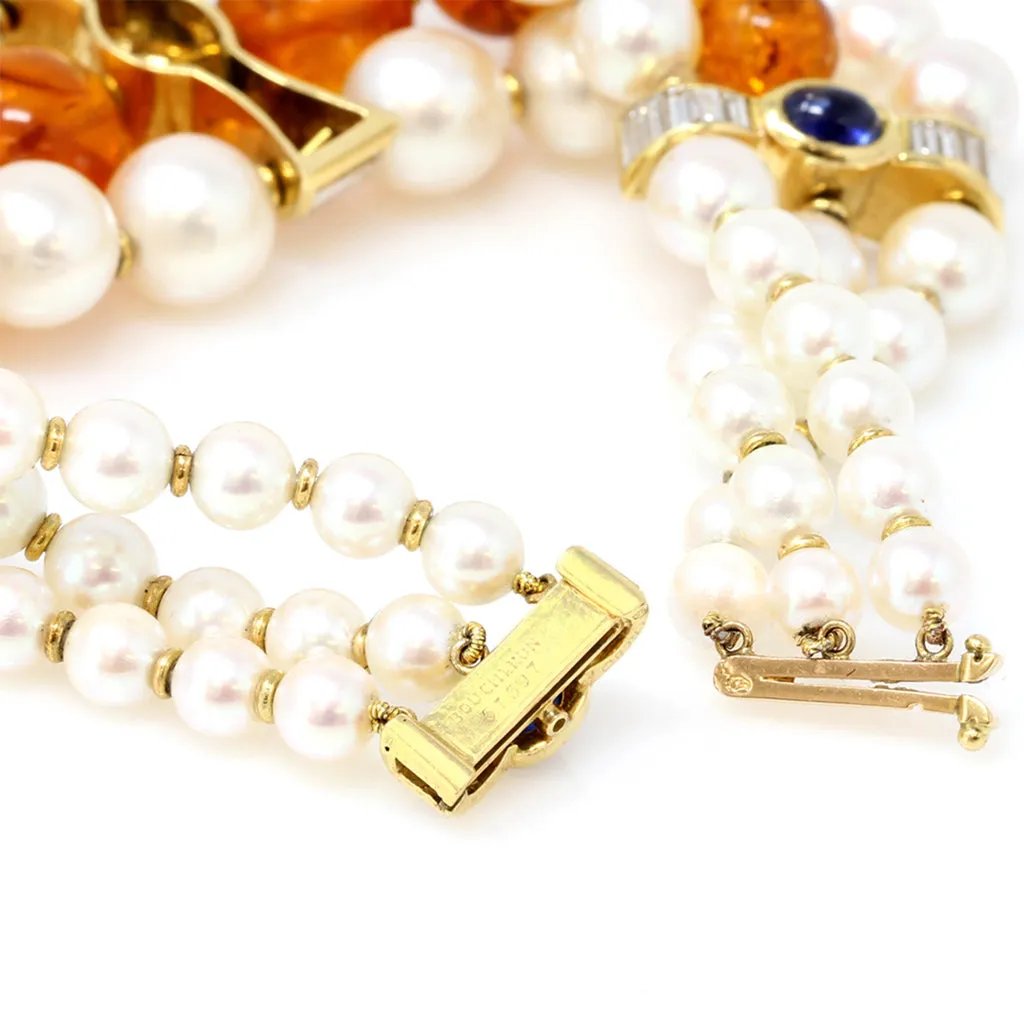 Signed Boucheron Akoya Pearl, Amber, Sapphire and Diamond Bracelet in 18k Gold