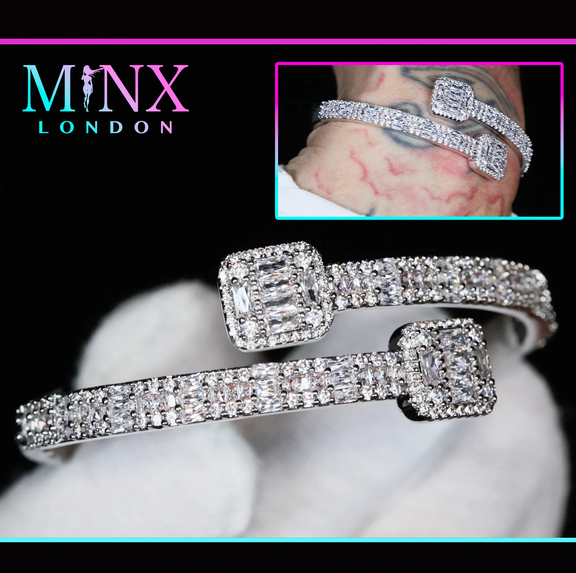 Silver Baguette Diamond Bracelet | Silver Baguette Diamond Bangle