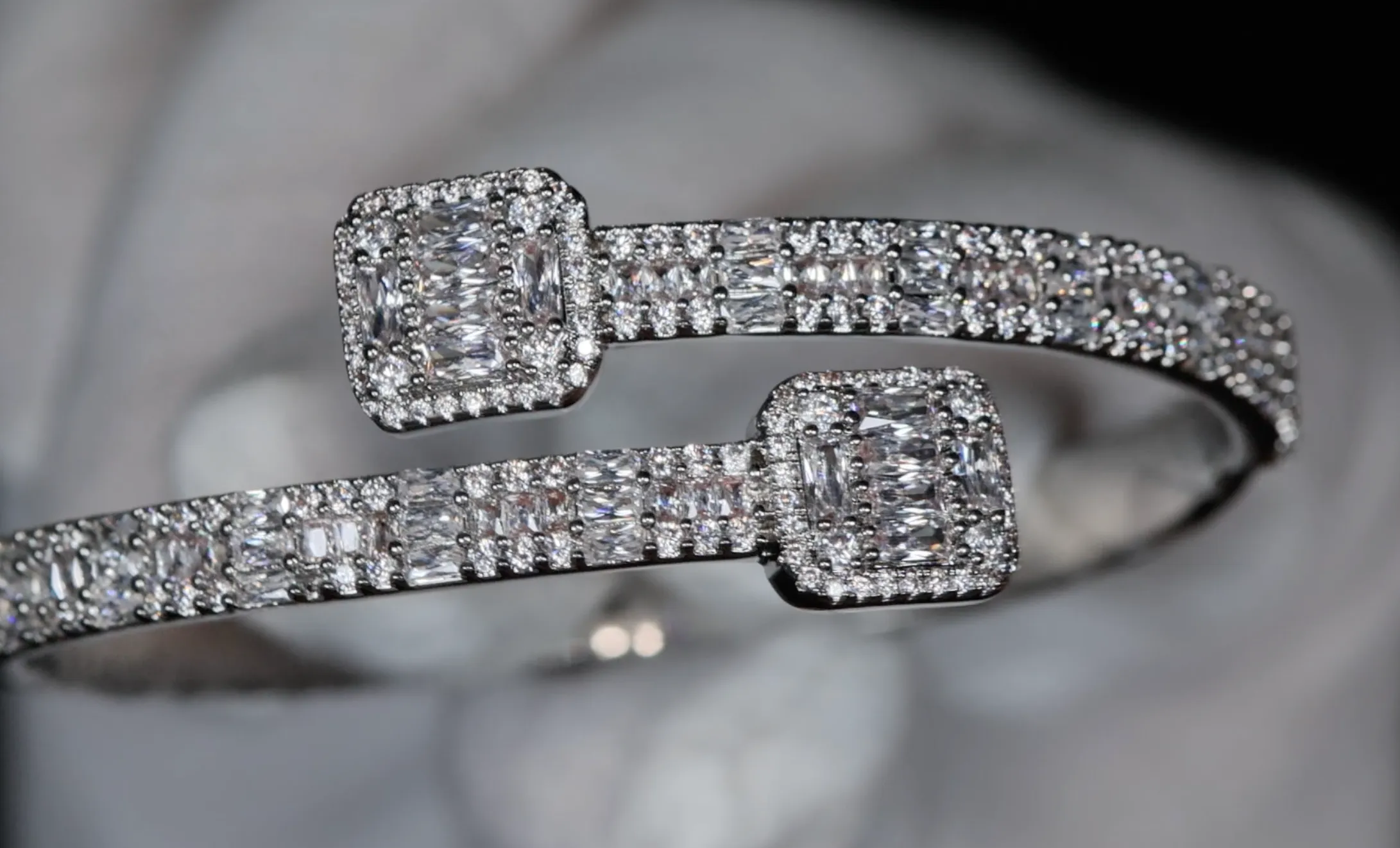 Silver Baguette Diamond Bracelet | Silver Baguette Diamond Bangle