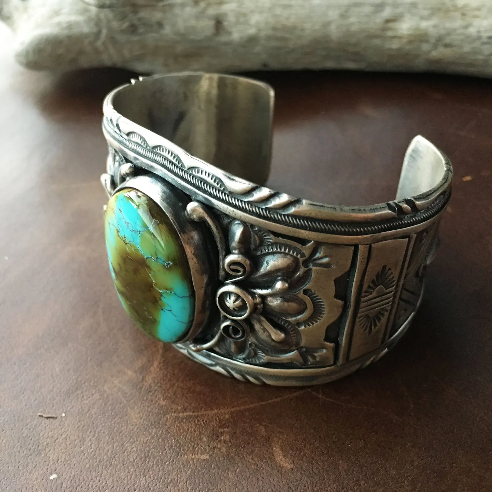 Silver Overlay Royston Turquiose Cuff Bracelet Large Statement Piece Signed