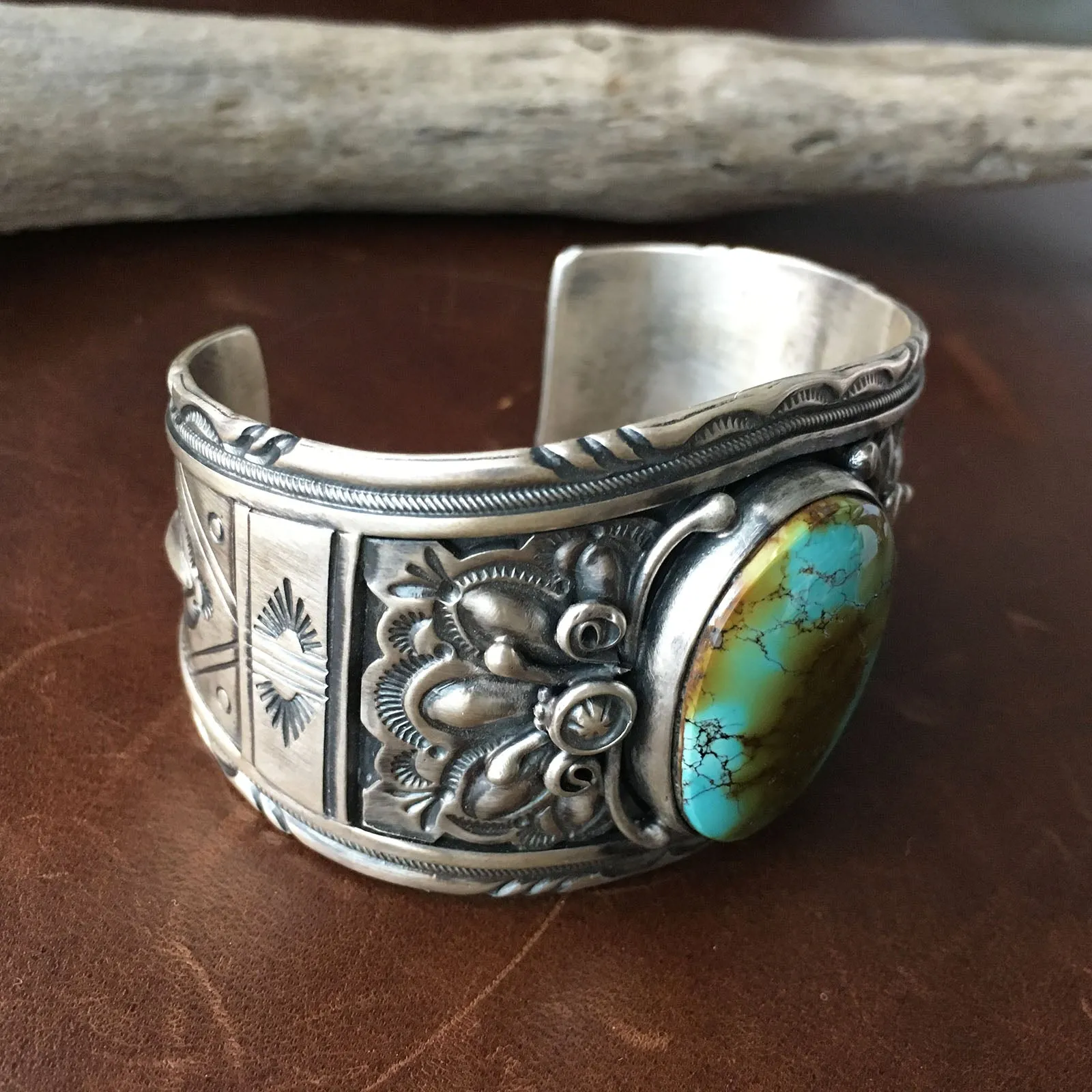 Silver Overlay Royston Turquiose Cuff Bracelet Large Statement Piece Signed