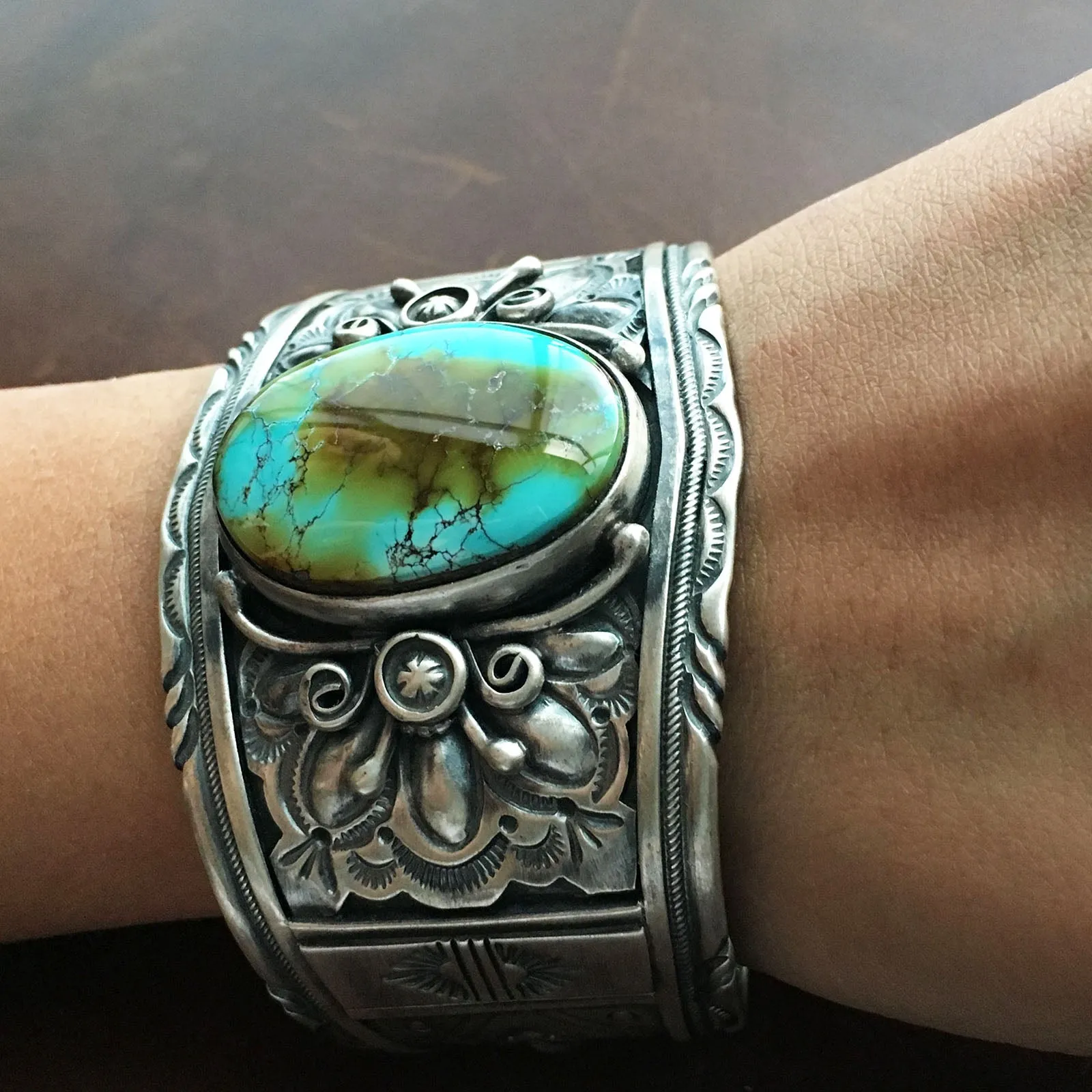 Silver Overlay Royston Turquiose Cuff Bracelet Large Statement Piece Signed