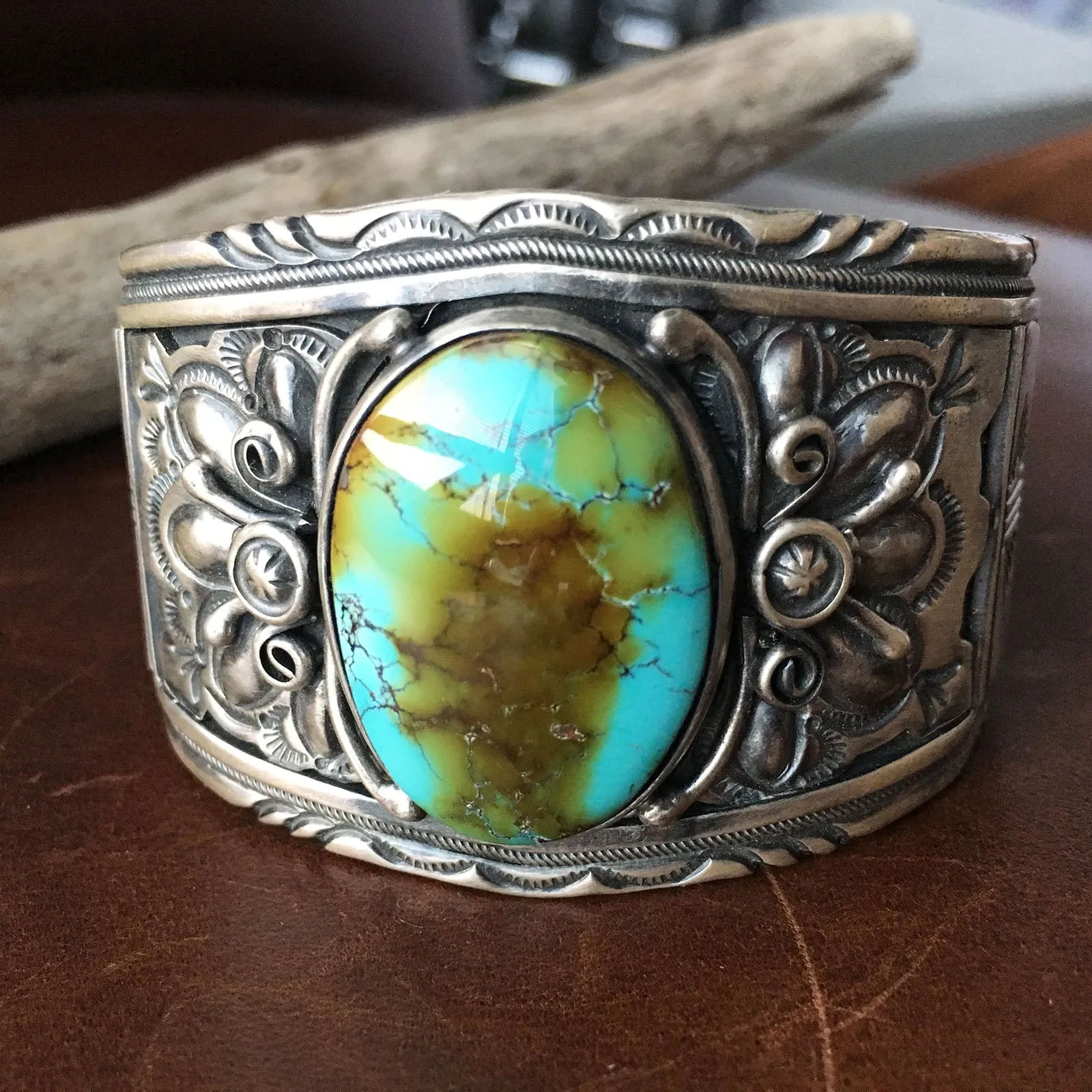 Silver Overlay Royston Turquiose Cuff Bracelet Large Statement Piece Signed
