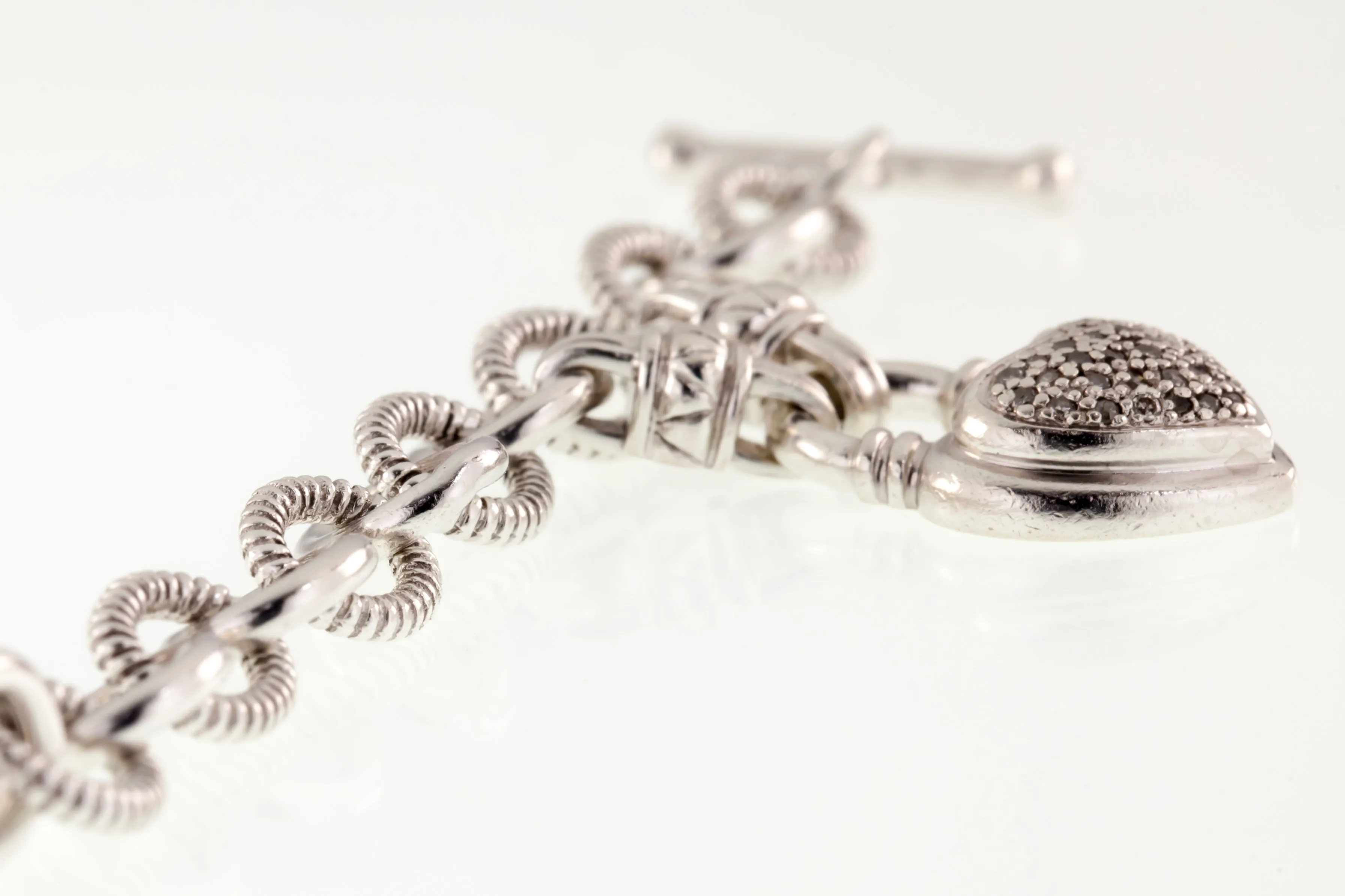 Sterling Silver Diamond Heart Charm Toggle Bracelet 6.75"