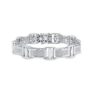 Sterling Silver Mens Round Diamond Rectangle Link Bracelet 1-5/8 Cttw