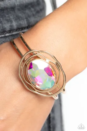 Substantial Sorceress - Gold - Oversized Iridescent Gem Paparazzi Hinge Bracelet