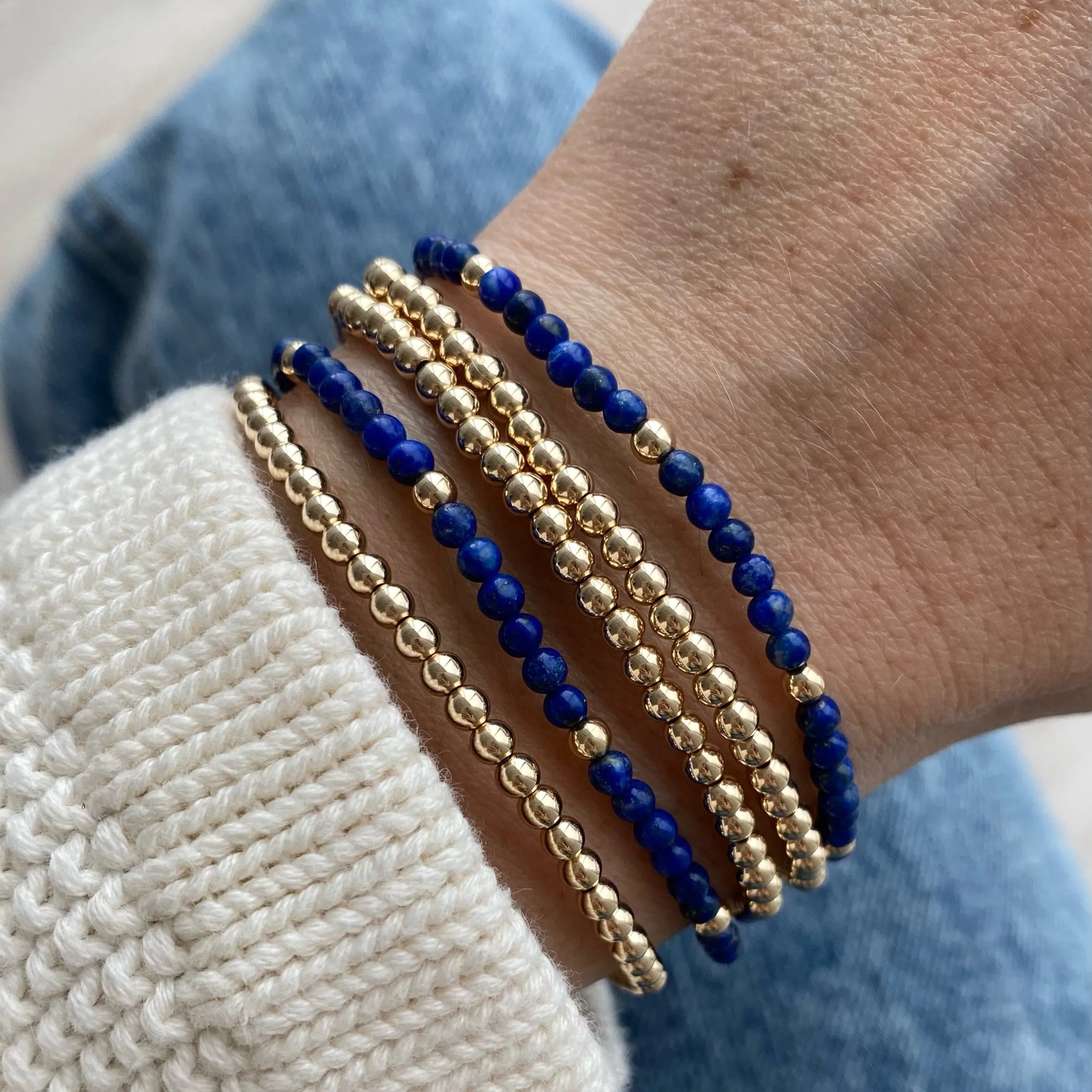 Three Gold Beaded Bracelet   Two Gemstone and Gold Bead Bracelet