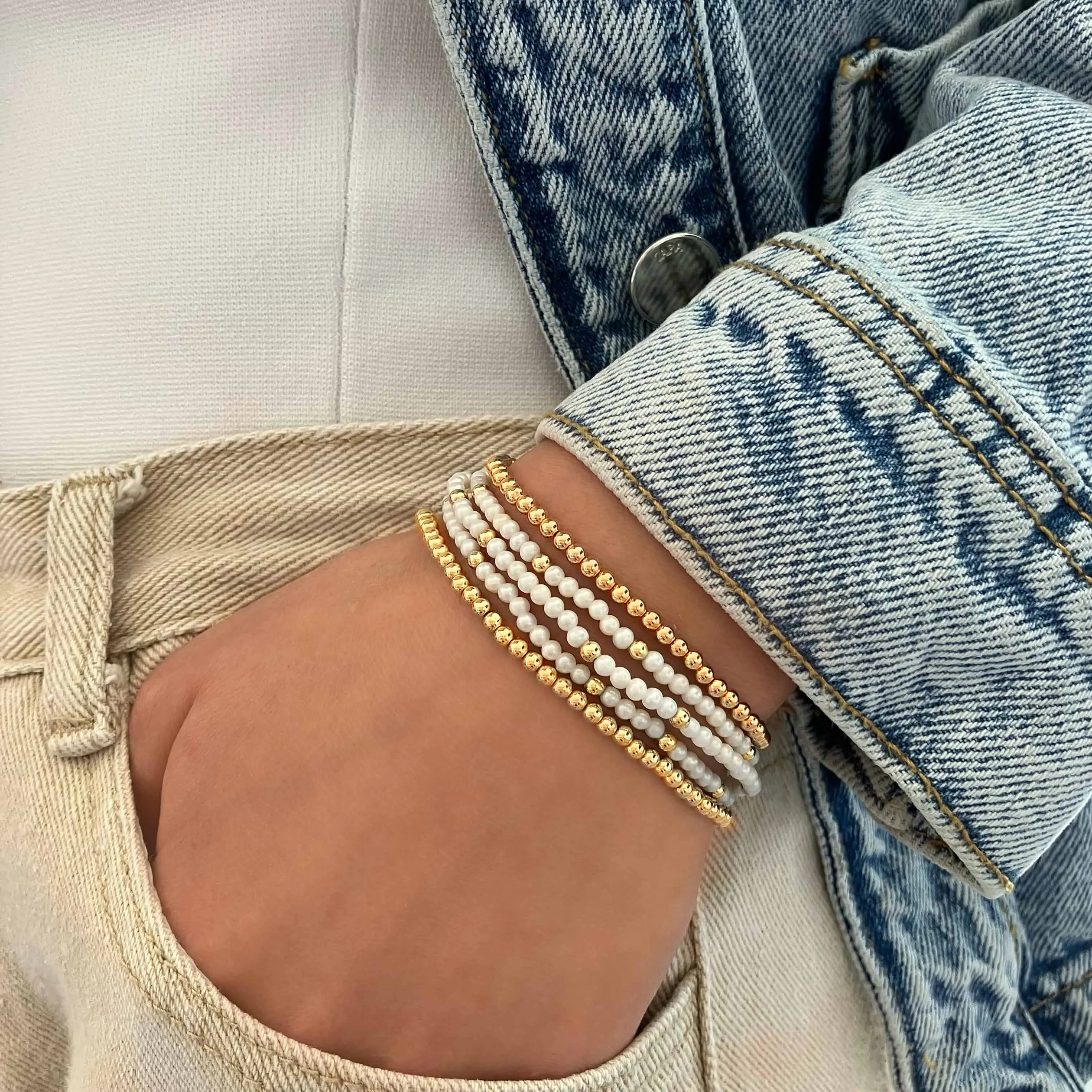 Three Gold Beaded Bracelet   Two Gemstone and Gold Bead Bracelet