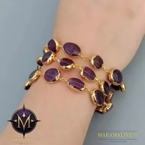 Three Strands Natural Amethyst Oval Pave With Electroplated Edge Wrap Bracelet 8"