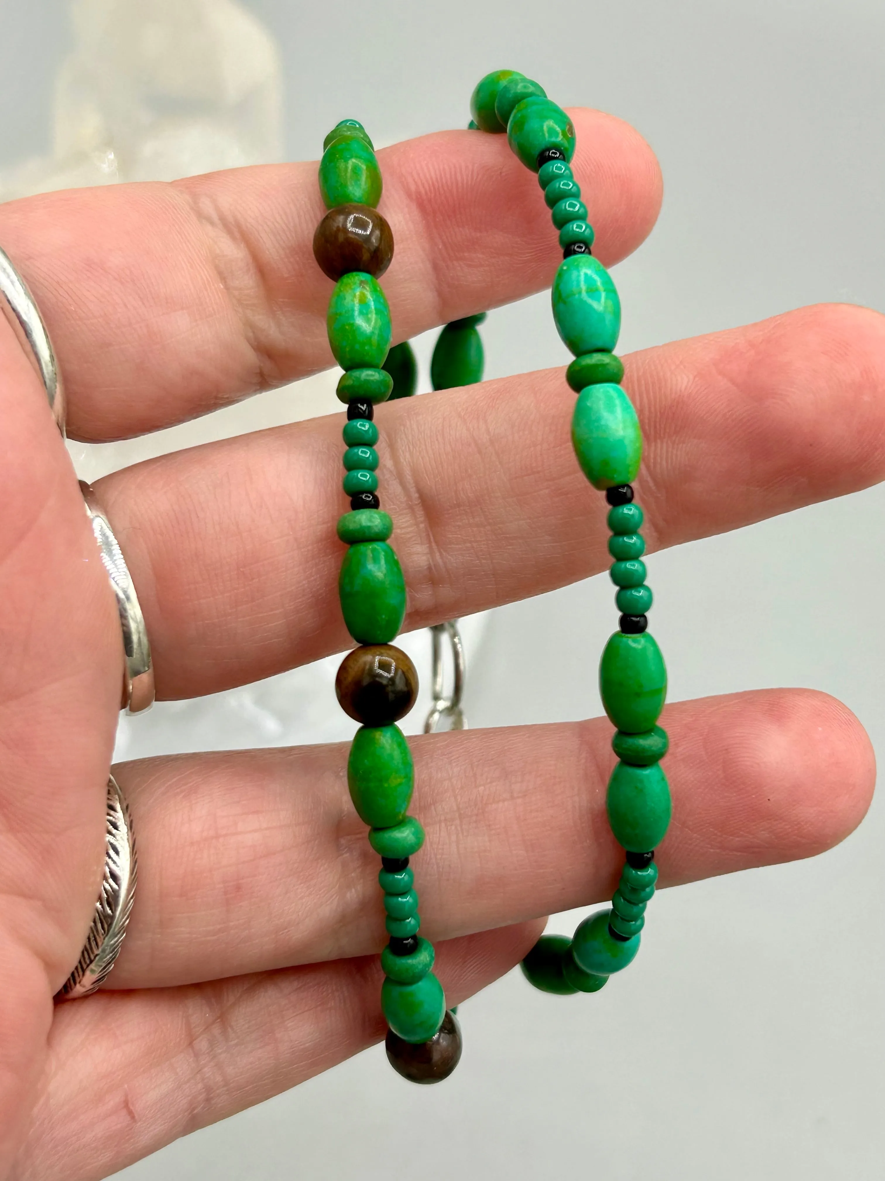 Tigers Eye And Bright Green Magnesite Stone Beaded Bracelet, Nature Inspired Jewelry
