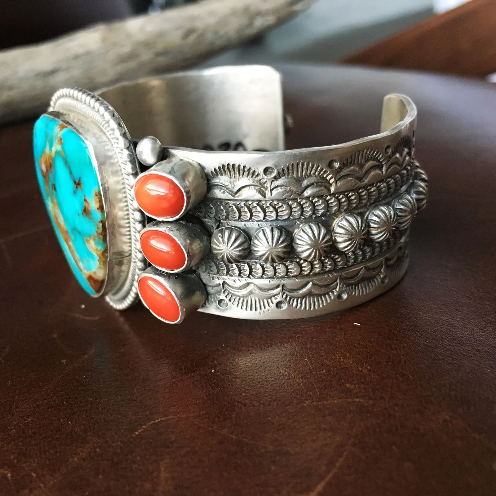 Top Grade Natural Royston and Coral Sterling Cuff Signed Handmade M and R