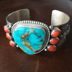 Top Grade Natural Royston and Coral Sterling Cuff Signed Handmade M and R