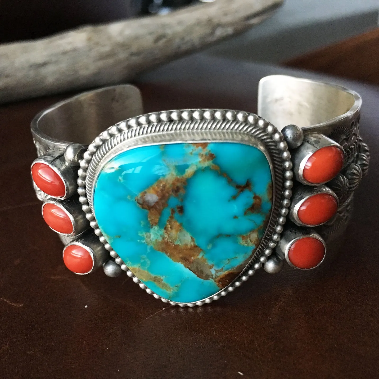Top Grade Natural Royston and Coral Sterling Cuff Signed Handmade M and R