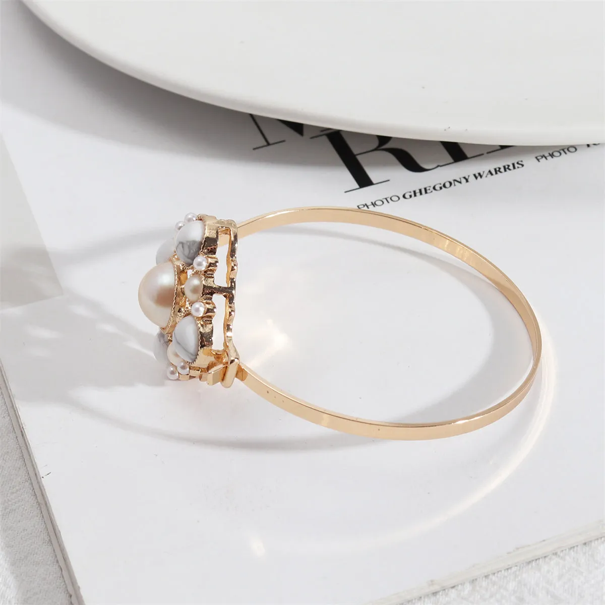 Turquoise & Pearl 18K Gold-Plated Cluster Bangle