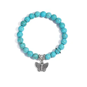 Turquoise & Silver-Plated Butterfly Beaded Stretch Bracelet