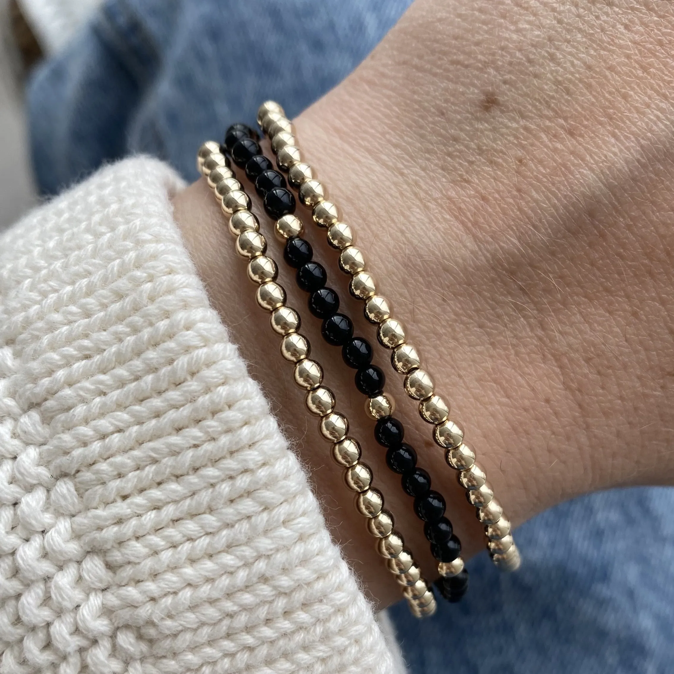 Two Gold Beaded Bracelet   One Gemstone and Gold Bead Bracelet