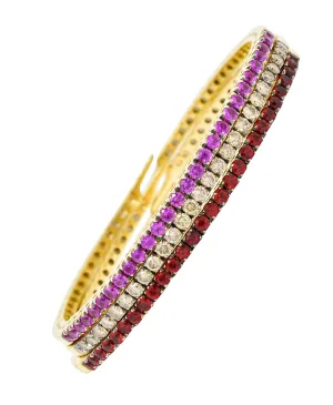 Valente 5.10 CTW Diamond Fancy Sapphire 18 Karat Gold Italian Cuff Bracelets