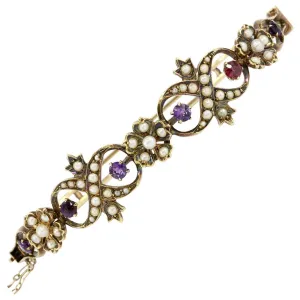 Victorian 14K Yellow Gold Amethyst Ruby & Seed Pearl Bangle Bracelet