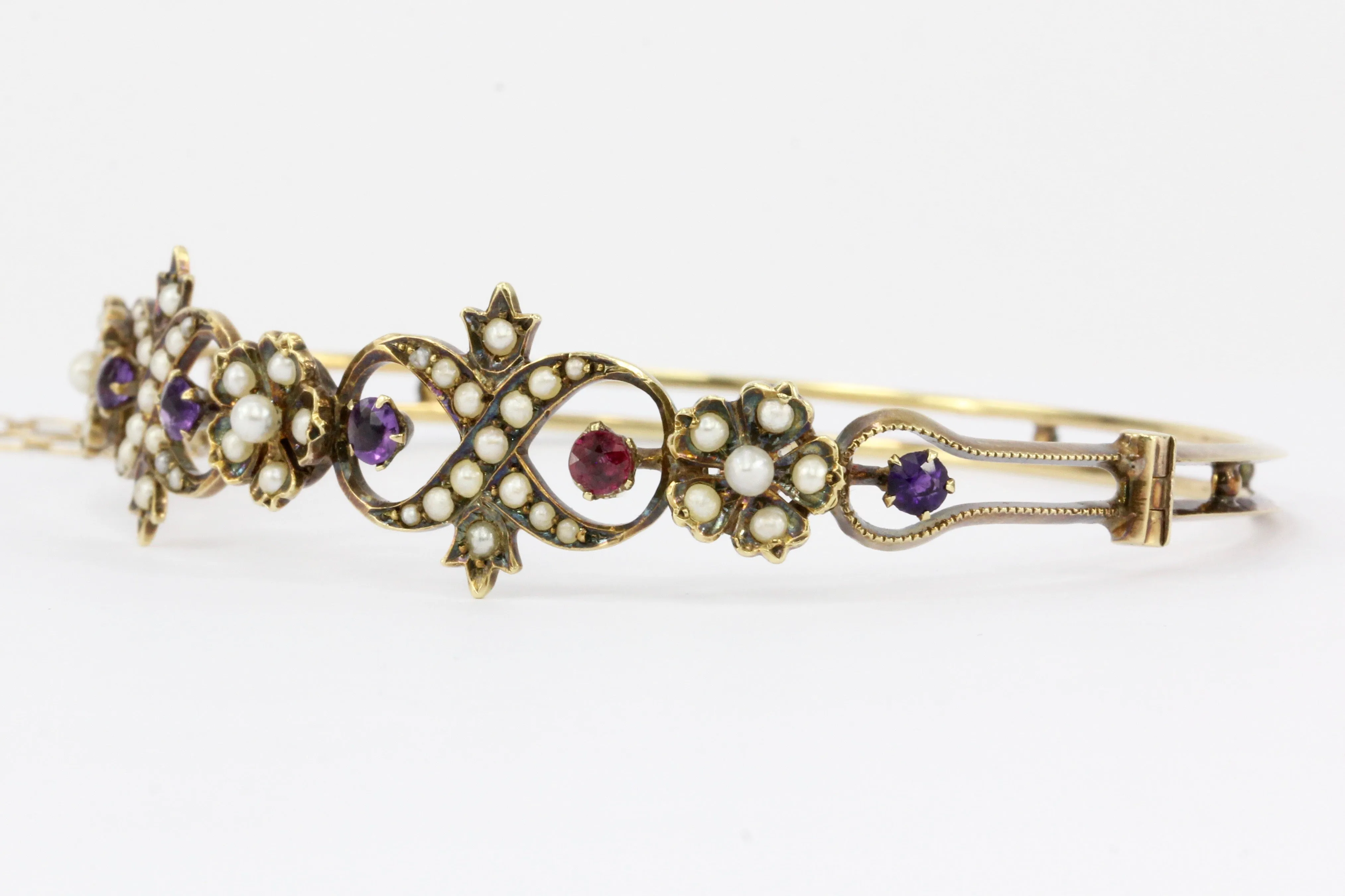 Victorian 14K Yellow Gold Amethyst Ruby & Seed Pearl Bangle Bracelet