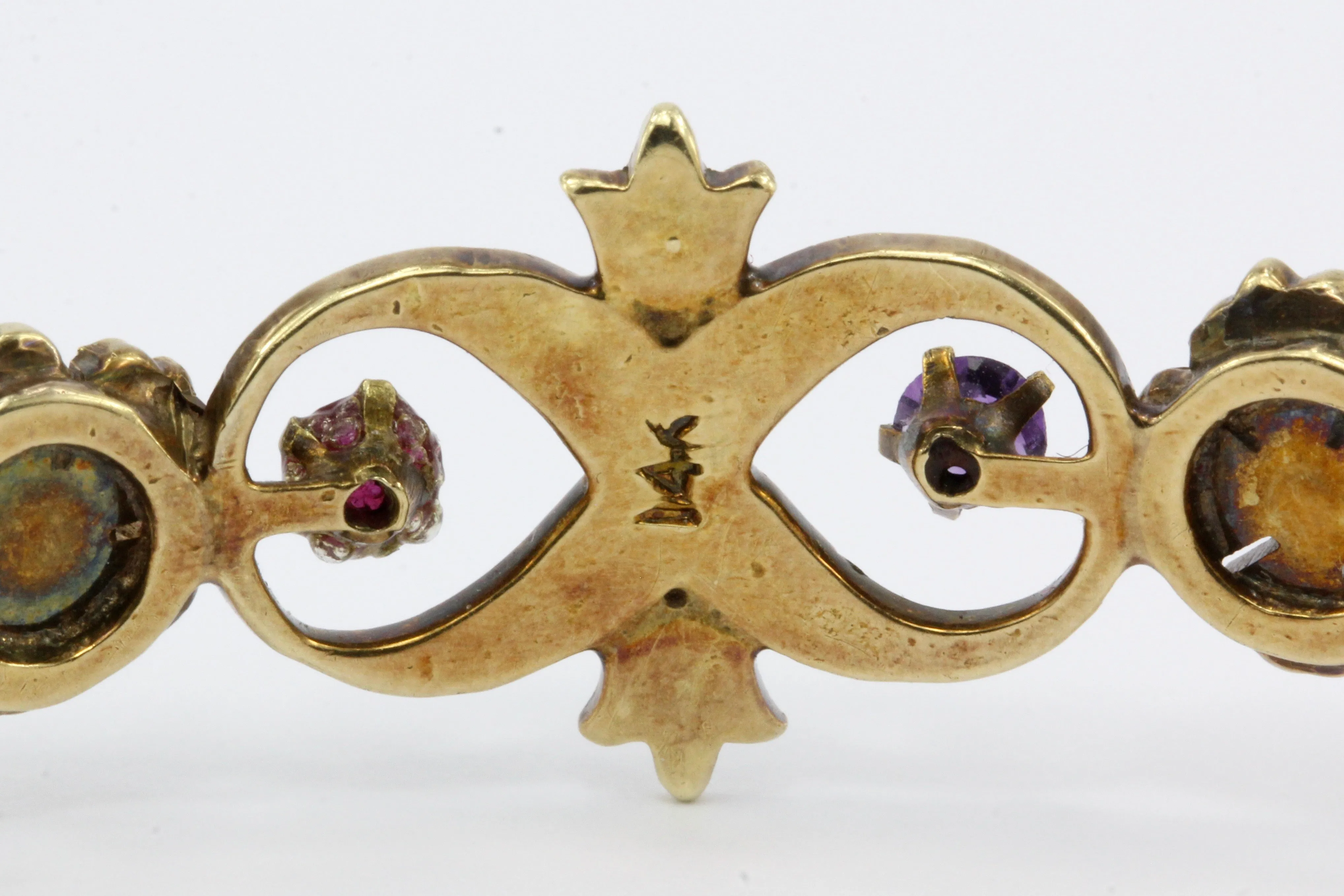 Victorian 14K Yellow Gold Amethyst Ruby & Seed Pearl Bangle Bracelet