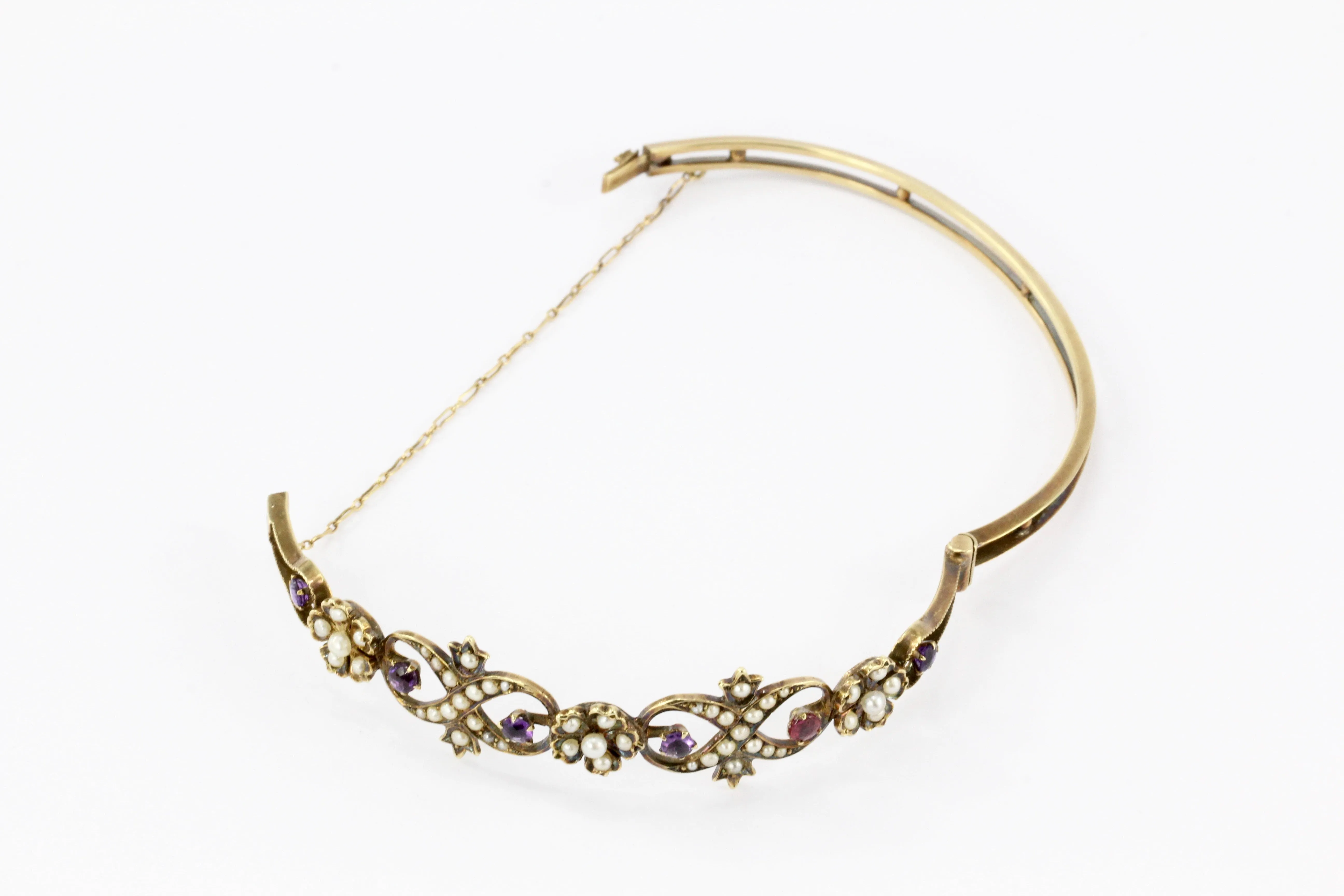 Victorian 14K Yellow Gold Amethyst Ruby & Seed Pearl Bangle Bracelet