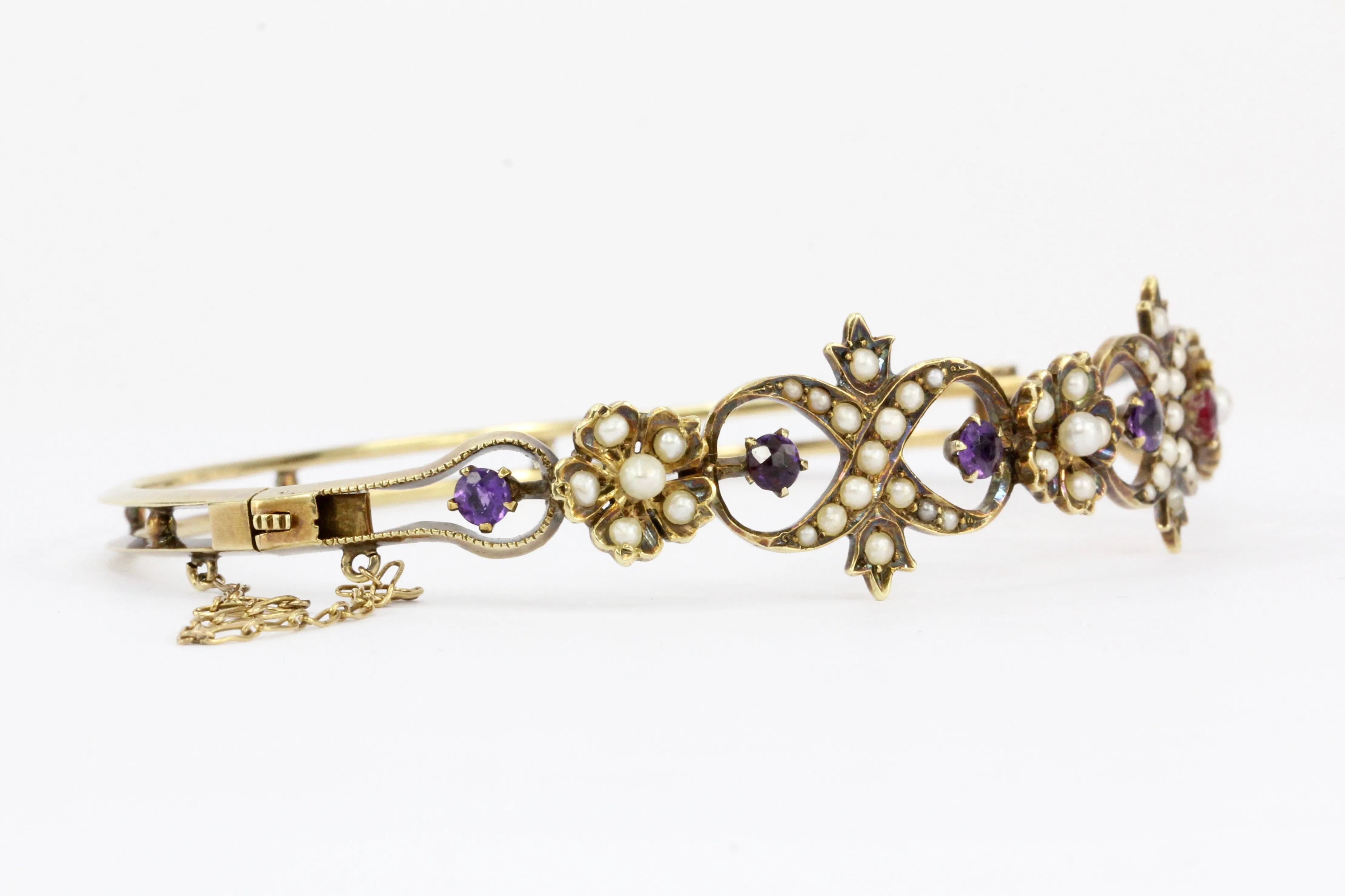 Victorian 14K Yellow Gold Amethyst Ruby & Seed Pearl Bangle Bracelet