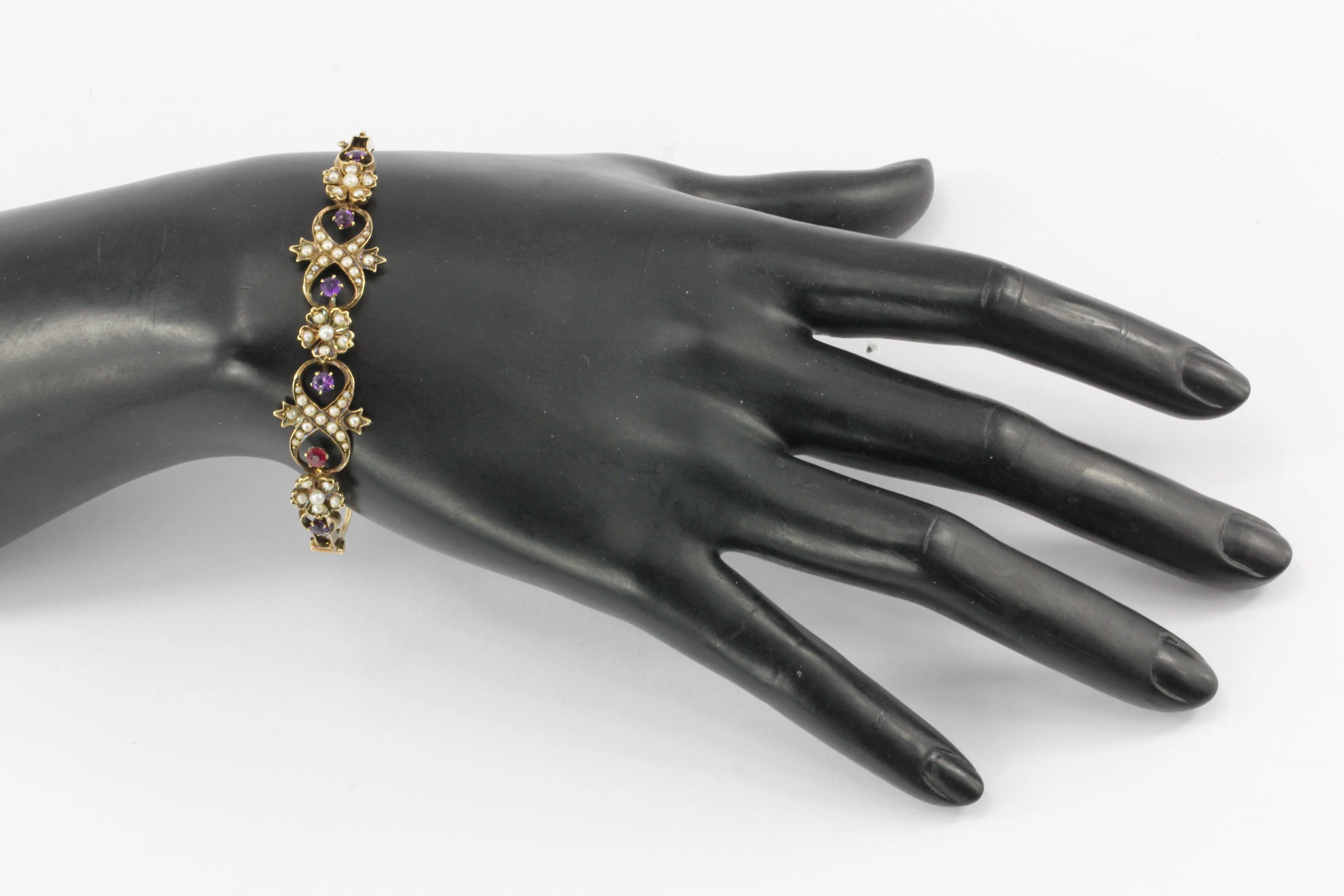 Victorian 14K Yellow Gold Amethyst Ruby & Seed Pearl Bangle Bracelet