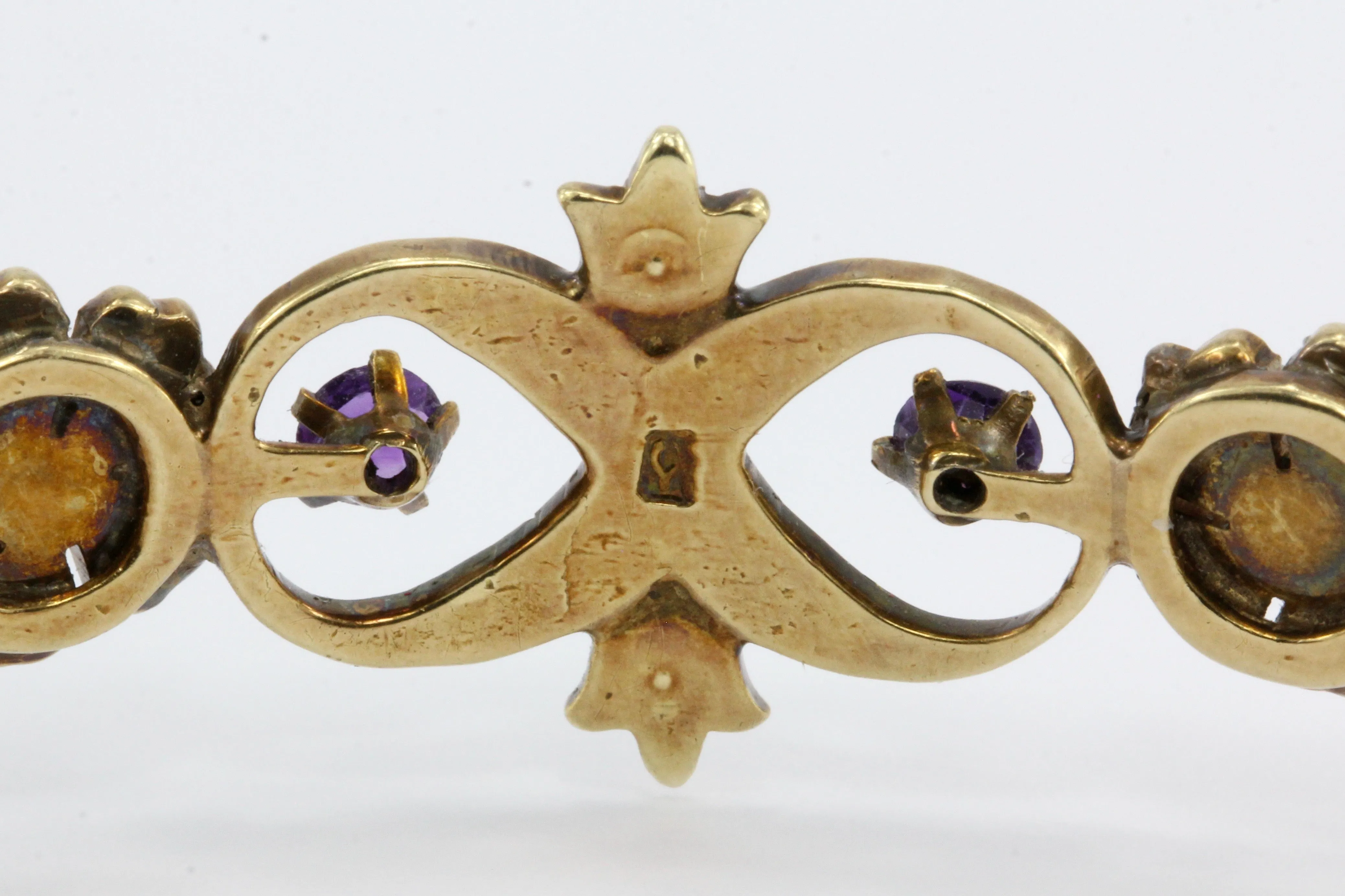 Victorian 14K Yellow Gold Amethyst Ruby & Seed Pearl Bangle Bracelet