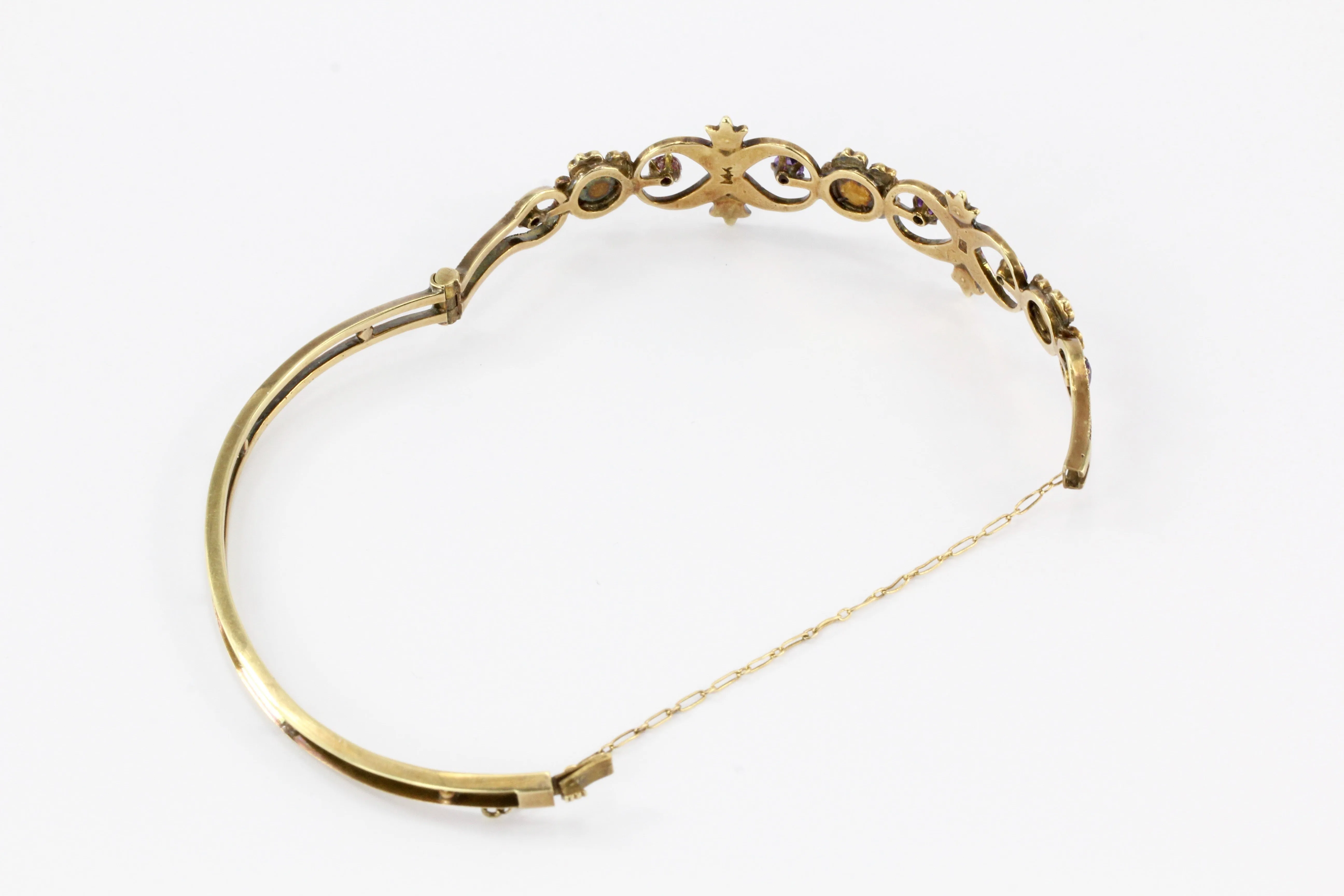 Victorian 14K Yellow Gold Amethyst Ruby & Seed Pearl Bangle Bracelet
