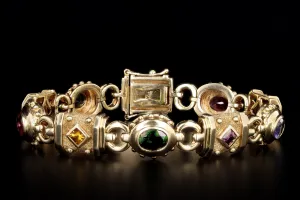 Vintage 14K Yellow Gold Multi Gem Link Bracelet