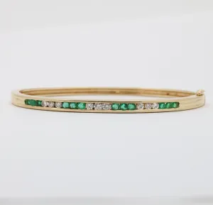 Vintage Emerald and Diamond 14K Gold Bangle, 6.75” Circumference