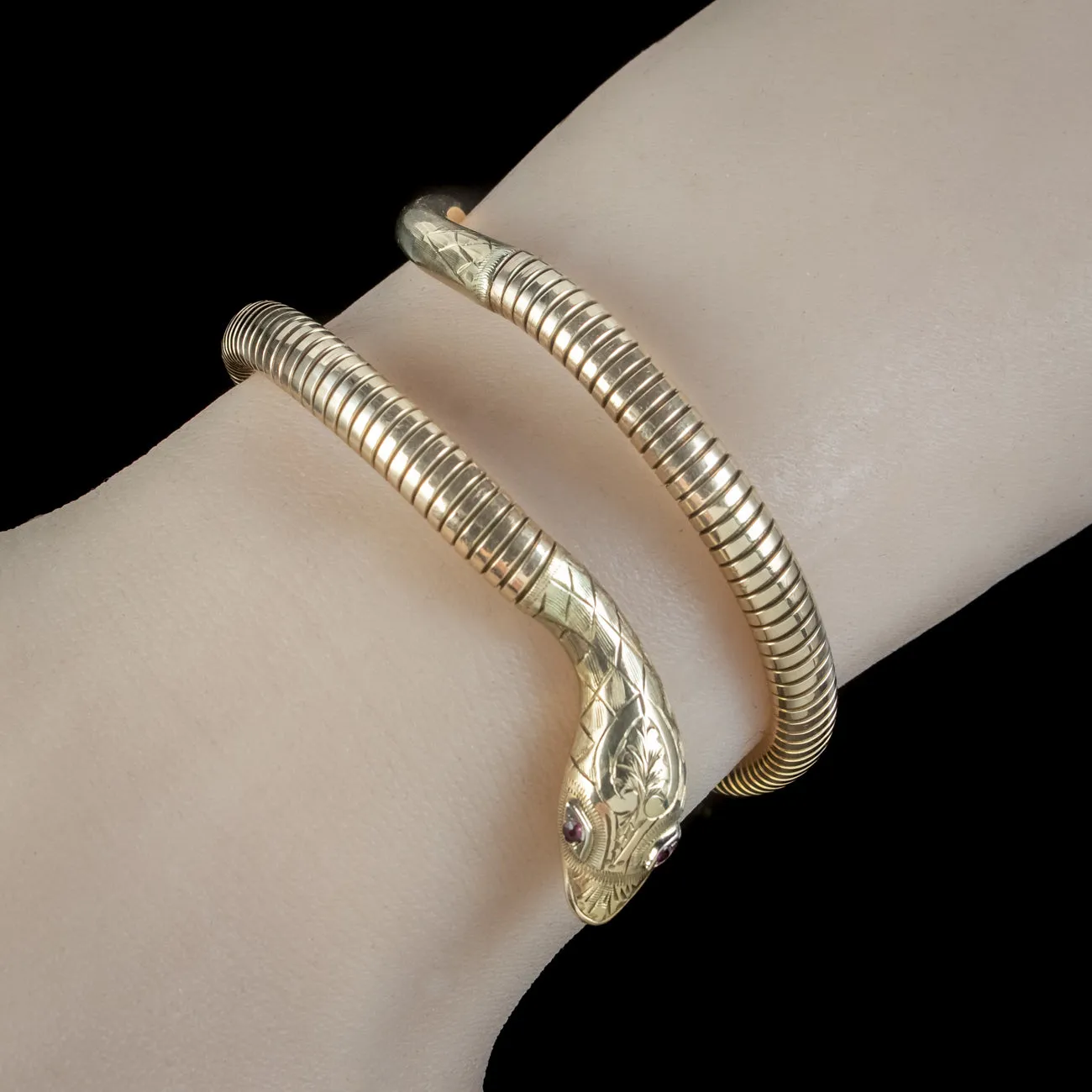 Vintage Snake Bangle 9ct Gold Ruby Eyes Crop And Farr Dated 1956