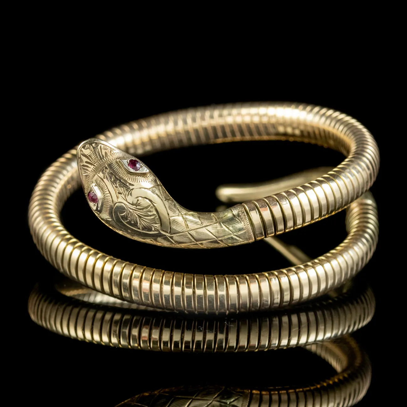 Vintage Snake Bangle 9ct Gold Ruby Eyes Crop And Farr Dated 1956