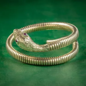 Vintage Snake Bangle 9ct Gold Ruby Eyes Crop And Farr Dated 1956