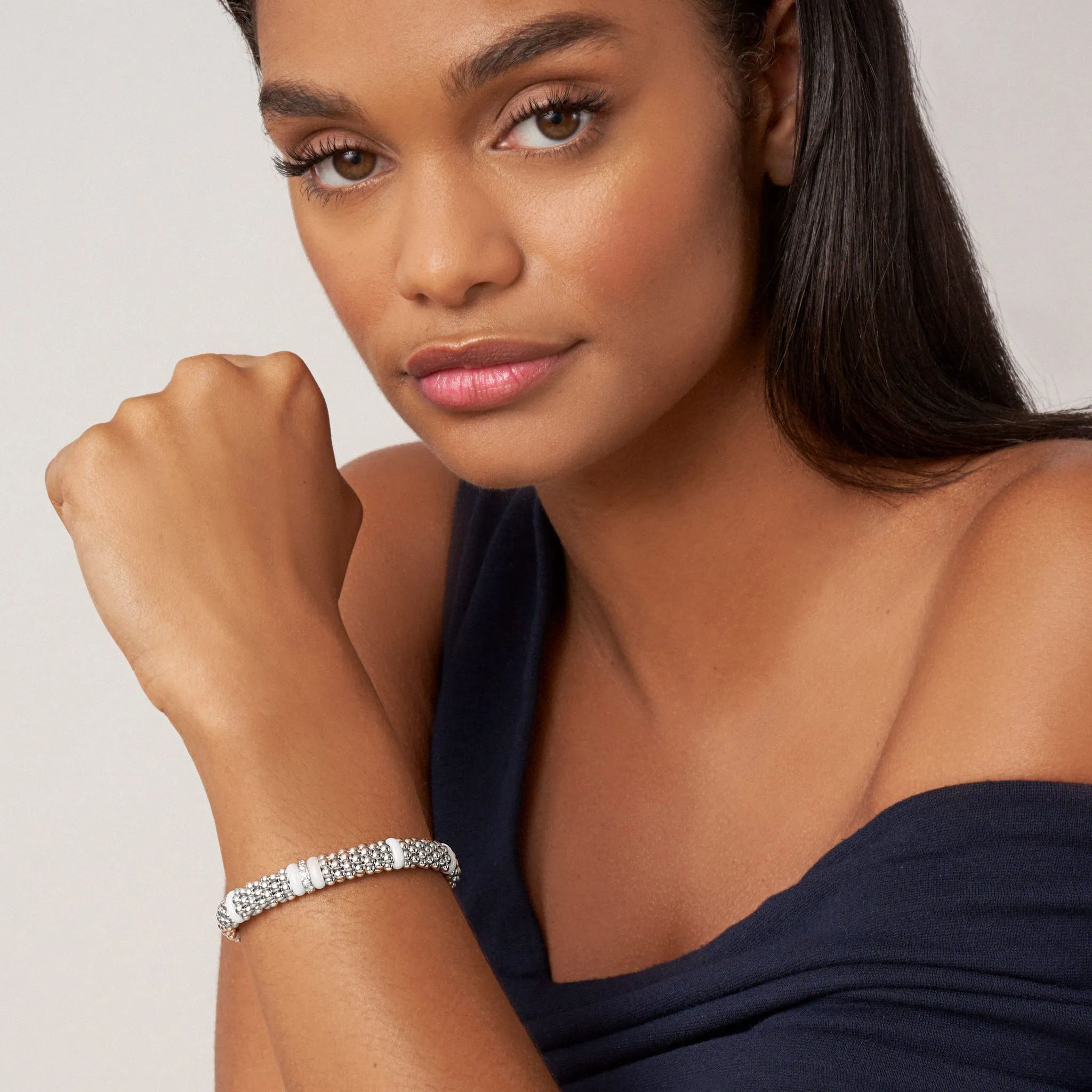 White Caviar White Single Station Diamond Caviar Bracelet | 9mm