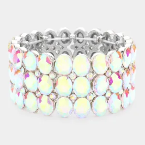 Wide AB Three Row Crystal Oval Stone Stretch Bracelet  | Big Chunky Bracelet | 596242