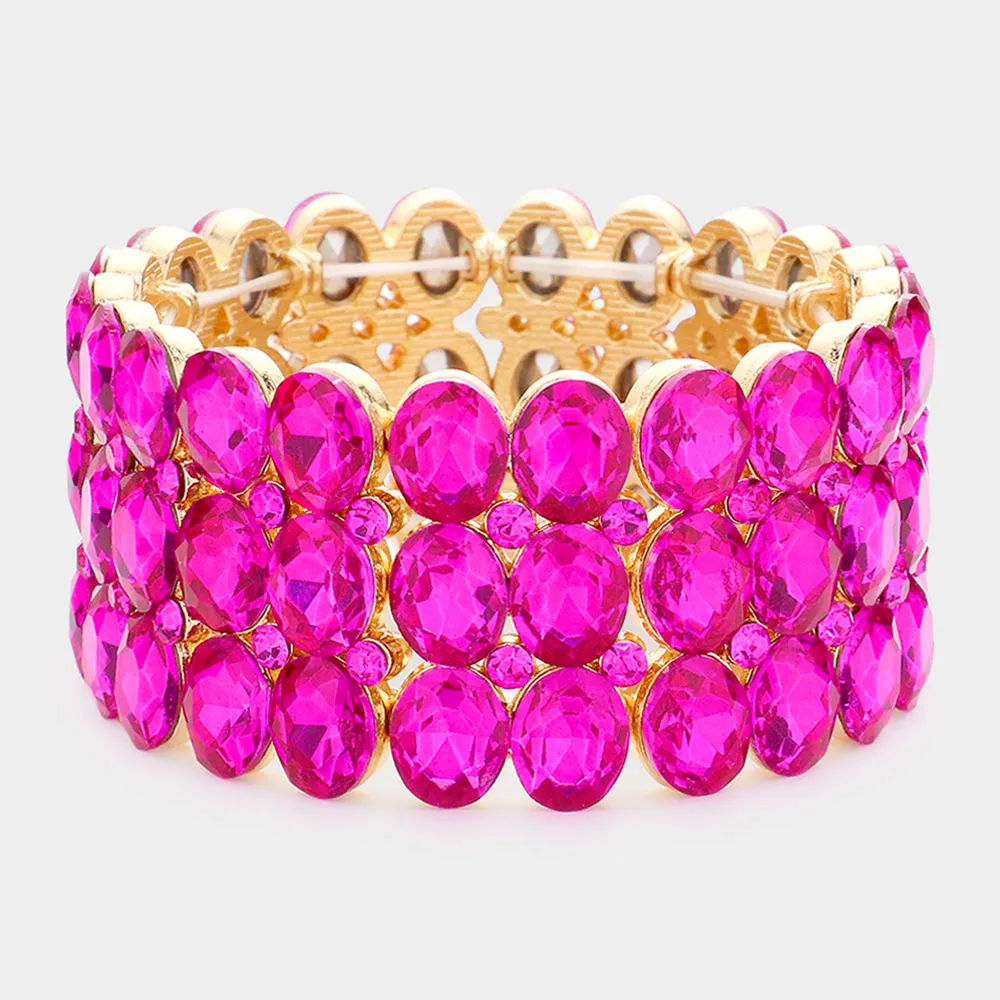 Wide Fuchsia Three Row Crystal Oval Stone Stretch Bracelet | Big Chunky Bracelet | 596233